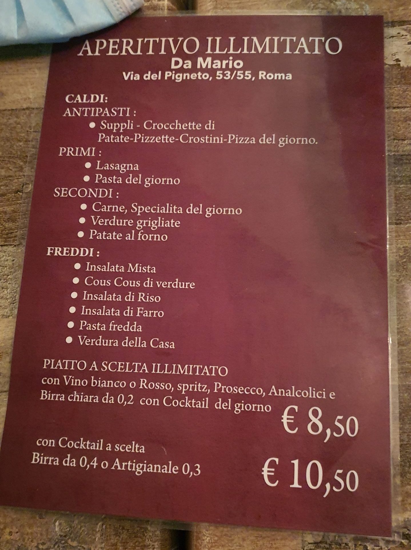 Rím, menu